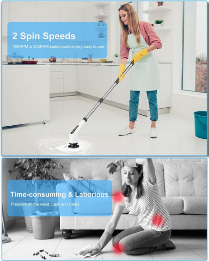 9-in-1 Electric Cleaning Brush Set with Extension Pole, 9 Interchangeable Heads, IPX7 Waterproof, 2500mAh Rechargeable Battery