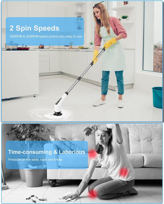 9-in-1 Electric Cleaning Brush Set with Extension Pole, 9 Interchangeable Heads, IPX7 Waterproof, 2500mAh Rechargeable Battery