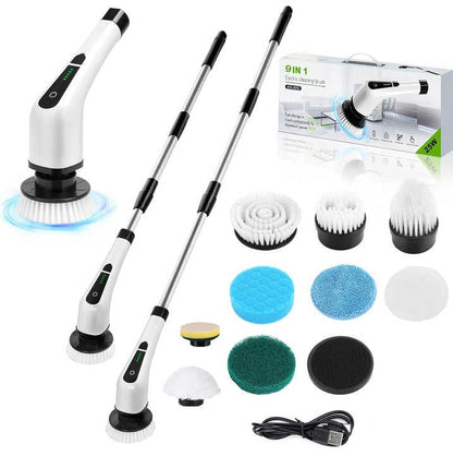 9-in-1 Electric Cleaning Brush Set with Extension Pole, 9 Interchangeable Heads, IPX7 Waterproof, 2500mAh Rechargeable Battery