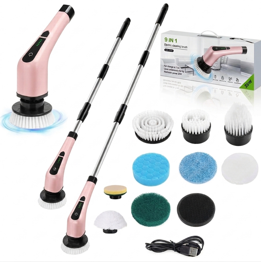 9-in-1 Electric Cleaning Brush Set with Extension Pole, 9 Interchangeable Heads, IPX7 Waterproof, 2500mAh Rechargeable Battery